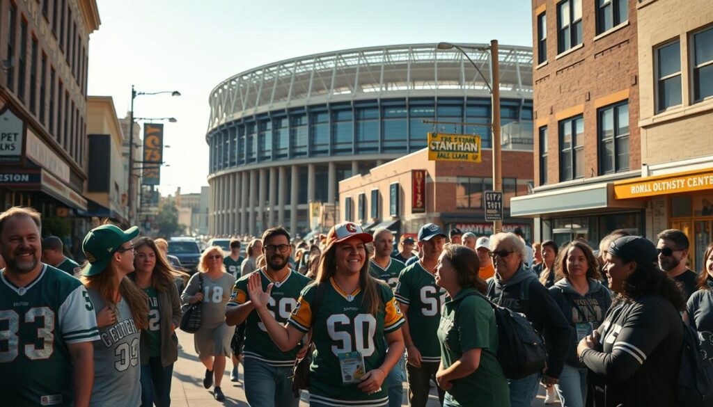 A bustling city street, with a large stadium looming in the background. In the foreground, a group of enthusiastic sports fans, decked out in team jerseys and merchandise, excitedly chatting and high-fiving. In the middle ground, local business owners and residents, some looking intrigued, others slightly apprehensive, as they observe the influx of visitors. The lighting is warm and inviting, with the sun casting a golden glow over the scene. The camera angle is slightly elevated, capturing the dynamic interplay between the sports tourists and the local community, showcasing the impact of sports tourism on the neighborhood.