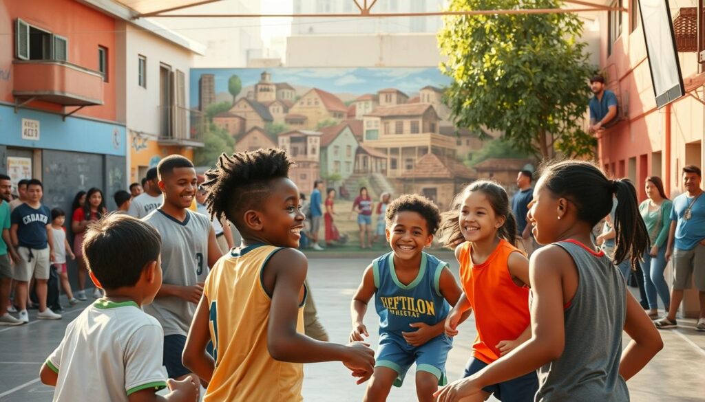 A bustling community center, where sports unite diverse individuals, creating a vibrant tapestry of social and cultural exchange. In the foreground, young athletes engage in a friendly match, their laughter and camaraderie filling the air. The middle ground showcases a mural depicting the history and heritage of the local neighborhood, a celebration of its rich tapestry. In the background, families and friends gather to cheer on the players, their faces alight with pride and joy. The scene is bathed in warm, golden sunlight, casting a welcoming glow and highlighting the sense of community and togetherness. A wide-angle lens captures the holistic impact of sports tourism, where the joy of athletic pursuit intertwines with the deep-rooted social and cultural connections that strengthen the fabric of the local community.