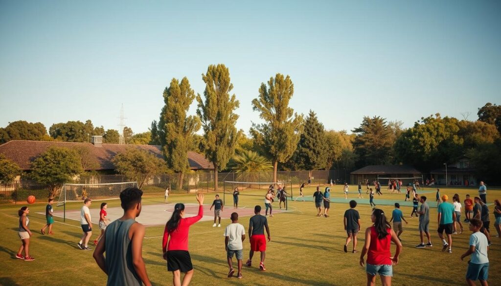 A bustling community sports complex nestled in a lush, verdant setting. In the foreground, a group of amateur athletes enthusiastically engaged in a variety of activities - basketball, volleyball, and pickup soccer games. The middle ground features well-maintained courts and fields, with families and spectators cheering from the sidelines. In the background, towering trees and a clear blue sky create a serene, naturalistic backdrop. Warm, diffused lighting bathes the scene, capturing the joy and camaraderie of grassroots sports participation. A wide-angle lens showcases the breadth and scale of this inclusive, community-driven sports infrastructure, inviting viewers to immerse themselves in the vibrant tapestry of participation tourism. A bustling community sports complex nestled in a lush, verdant setting. In the foreground, a group of amateur athletes enthusiastically engaged in a variety of activities - basketball, volleyball, and pickup soccer games. The middle ground features well-maintained courts and fields, with families and spectators cheering from the sidelines. In the background, towering trees and a clear blue sky create a serene, naturalistic backdrop. Warm, diffused lighting bathes the scene, capturing the joy and camaraderie of grassroots sports participation. A wide-angle lens showcases the breadth and scale of this inclusive, community-driven sports infrastructure, inviting viewers to immerse themselves in the vibrant tapestry of participation tourism.