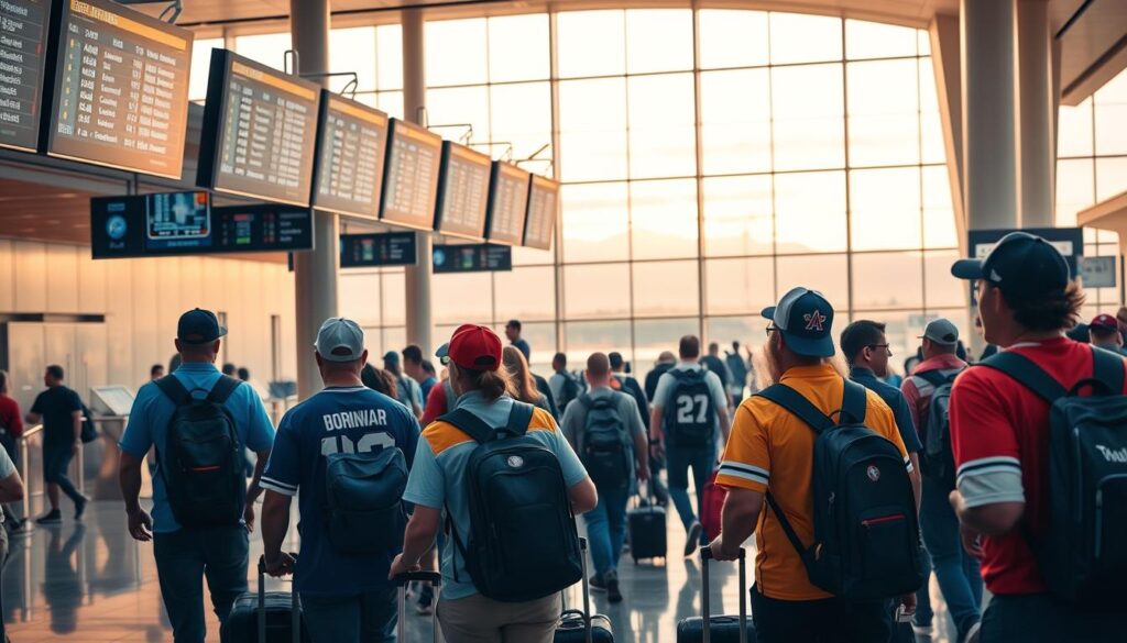 A bustling international airport terminal, passengers rushing through with luggage in hand. In the foreground, a group of sports fans eagerly await their flights, decked out in team jerseys and hats. The middle ground showcases digital departure boards and security checkpoints, reflecting the technological advancements enabling seamless travel. In the background, large windows reveal a picturesque landscape, hinting at the diverse destinations these sports enthusiasts are bound for. Warm, diffused lighting casts a sense of anticipation, as the scene captures the excitement and mobility of modern sports tourism.