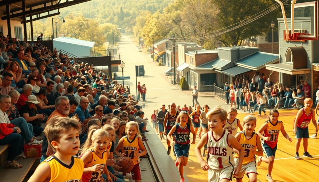 A bustling small-town sports arena, the bleachers filled with cheering locals. In the foreground, young athletes in vibrant uniforms compete with fierce determination, their faces alight with the thrill of the game. The middle ground captures proud parents and coaches, their expressions a mix of excitement and encouragement. In the background, the town's main street is visible, quaint storefronts and lampposts creating a sense of community. Warm, golden lighting filters through the scene, casting a cozy glow and emphasizing the close-knit atmosphere. The overall impression is one of excitement, camaraderie, and the profound impact a community-driven sports event can have on a rural town. A bustling small-town sports arena, the bleachers filled with cheering locals. In the foreground, young athletes in vibrant uniforms compete with fierce determination, their faces alight with the thrill of the game. The middle ground captures proud parents and coaches, their expressions a mix of excitement and encouragement. In the background, the town's main street is visible, quaint storefronts and lampposts creating a sense of community. Warm, golden lighting filters through the scene, casting a cozy glow and emphasizing the close-knit atmosphere. The overall impression is one of excitement, camaraderie, and the profound impact a community-driven sports event can have on a rural town.