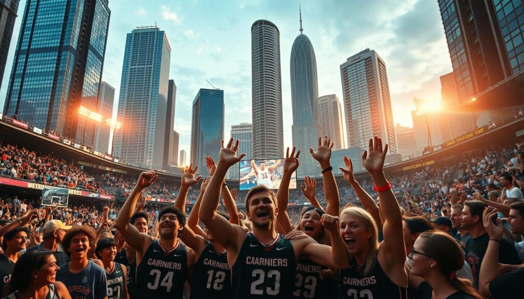 A bustling sports arena set against a backdrop of towering skyscrapers, reflecting the vibrancy and energy of a thriving city. In the foreground, a group of athletes and spectators celebrate a hard-fought victory, their jubilant expressions capturing the essence of sports travel success. The scene is bathed in warm, golden lighting, creating a sense of triumph and accomplishment. The overall composition conveys a dynamic, inspiring narrative of how local communities can leverage their resources and embrace sports events to drive economic growth and community pride. A bustling sports arena set against a backdrop of towering skyscrapers, reflecting the vibrancy and energy of a thriving city. In the foreground, a group of athletes and spectators celebrate a hard-fought victory, their jubilant expressions capturing the essence of sports travel success. The scene is bathed in warm, golden lighting, creating a sense of triumph and accomplishment. The overall composition conveys a dynamic, inspiring narrative of how local communities can leverage their resources and embrace sports events to drive economic growth and community pride.