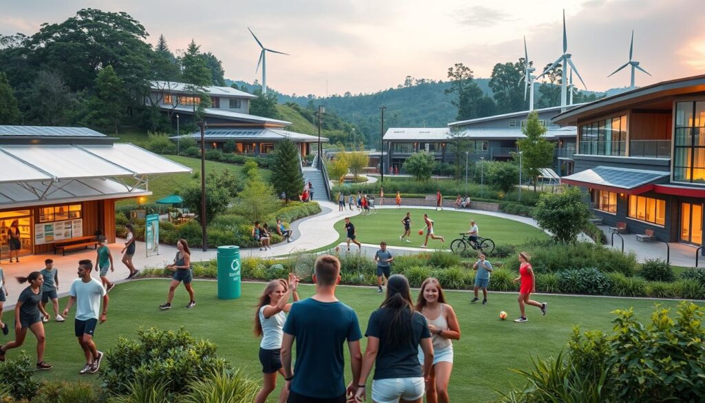 A bustling sports complex with a focus on sustainability and community engagement. In the foreground, a group of athletes participates in a game of eco-friendly sports, powered by renewable energy sources. The middle ground features a lush green landscape with native flora, recycling stations, and educational signage. In the background, modern, energy-efficient buildings with solar panels and wind turbines blend seamlessly into the natural environment. The lighting is warm and inviting, casting a soft glow over the scene. The overall atmosphere conveys a sense of harmony between human activity and the natural world, showcasing the potential for sustainable sports tourism.
