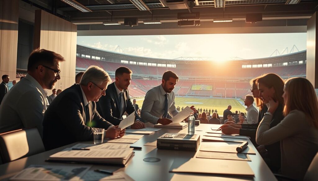 A bustling sports event bidding process, captured in a dynamic wide-angle shot. In the foreground, a team of executives huddled around a conference table, intensely discussing proposals and reviewing detailed plans. The middle ground features representatives from different cities, each presenting vibrant visuals and data-driven pitches to host the coveted event. In the background, a grand, sun-drenched stadium looms, a symbol of the high stakes and prestige at play. Crisp, professional lighting illuminates the scene, creating a sense of seriousness and high-level decision-making. The overall atmosphere conveys the competitive and collaborative nature of the bidding process as cities vie to secure this transformative sports opportunity. A bustling sports event bidding process, captured in a dynamic wide-angle shot. In the foreground, a team of executives huddled around a conference table, intensely discussing proposals and reviewing detailed plans. The middle ground features representatives from different cities, each presenting vibrant visuals and data-driven pitches to host the coveted event. In the background, a grand, sun-drenched stadium looms, a symbol of the high stakes and prestige at play. Crisp, professional lighting illuminates the scene, creating a sense of seriousness and high-level decision-making. The overall atmosphere conveys the competitive and collaborative nature of the bidding process as cities vie to secure this transformative sports opportunity.