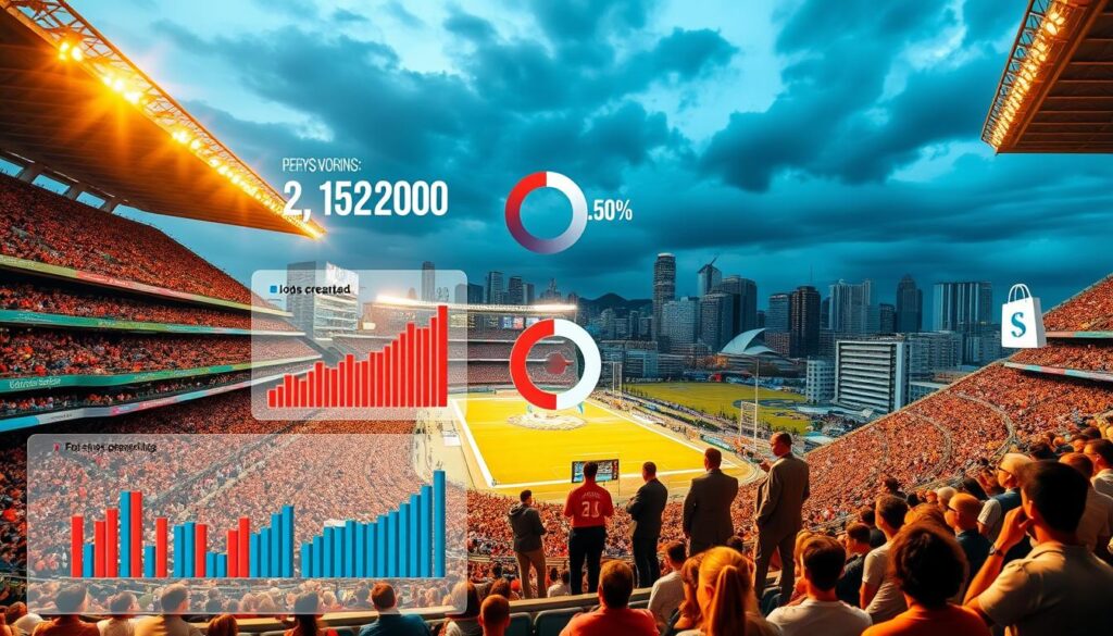 A bustling sports stadium, its stands filled with cheering fans, serves as the focal point. In the foreground, a data visualization dashboard displays key economic metrics - revenue, jobs created, tourist spending. The middle ground features event organizers, government officials, and industry analysts engaged in animated discussion, analyzing the impact of this major sporting event. The background showcases the vibrant city skyline, hinting at the broader urban landscape affected by the influx of sports tourism. Warm, golden lighting casts a celebratory glow, while a wide-angle lens captures the interconnected nature of this complex ecosystem. A bustling sports stadium, its stands filled with cheering fans, serves as the focal point. In the foreground, a data visualization dashboard displays key economic metrics - revenue, jobs created, tourist spending. The middle ground features event organizers, government officials, and industry analysts engaged in animated discussion, analyzing the impact of this major sporting event. The background showcases the vibrant city skyline, hinting at the broader urban landscape affected by the influx of sports tourism. Warm, golden lighting casts a celebratory glow, while a wide-angle lens captures the interconnected nature of this complex ecosystem.