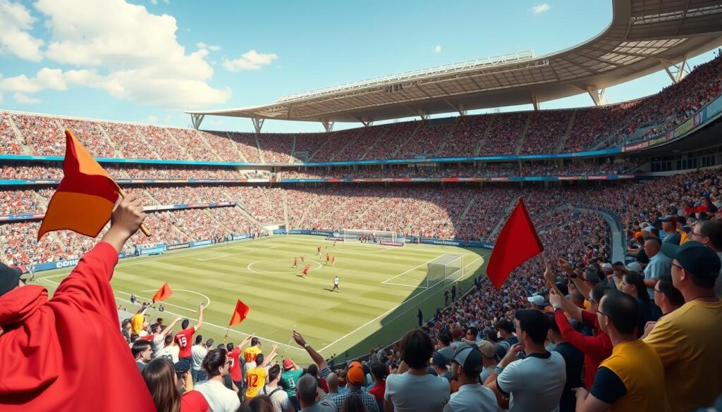 A bustling sports stadium with a vibrant crowd cheering on their favorite teams. In the foreground, fans dressed in team colors wave flags and banners, capturing the electric atmosphere. The middle ground showcases the playing field, with athletes engaged in a thrilling match, the action frozen in time by a high-speed camera. The background reveals the iconic architecture of the venue, its sleek design and towering grandstands creating a sense of grandeur. Bright, natural lighting illuminates the scene, casting warm shadows and highlighting the excitement and energy of the sports tourism experience.