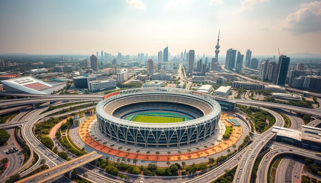 A bustling sports stadium with modern architectural features stands prominently in the foreground, surrounded by a network of well-designed transportation infrastructure - sleek highways, efficient public transit, and pedestrian-friendly walkways. In the middle ground, an array of state-of-the-art training facilities, hotels, and entertainment complexes cater to the needs of sports tourists. The background showcases a vibrant cityscape, with skyscrapers and landmarks reflecting the investment and development driving the growth of sports tourism. The scene is illuminated by warm, natural lighting, captured through a wide-angle lens to convey a sense of scale and dynamism.
