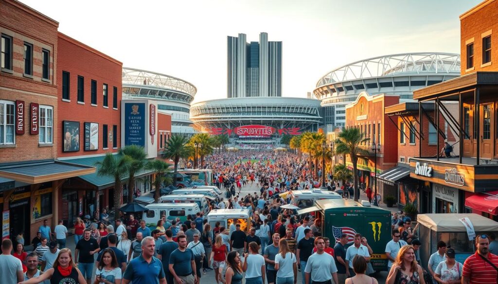 A bustling sports tourism hub, where locals and visitors mingle in a vibrant atmosphere. In the foreground, a lively street scene showcases local businesses, restaurants, and sports-themed stores, their facades adorned with colorful murals and banners. In the middle ground, a crowd gathers around a central plaza, cheering on a competitive sports event, while families and friends enjoy food trucks and live music. In the background, towering modern stadiums and arenas stand tall, their architectural grandeur a testament to the community's investment in sports infrastructure. Warm, golden lighting bathes the scene, creating a welcoming and energetic ambiance that captures the spirit of a thriving sports tourism destination.