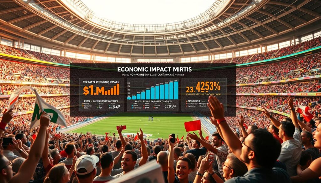 A bustling stadium scene, captured with a wide-angle lens to showcase the scale and energy of a major sports event. In the foreground, spectators cheer and wave banners, their expressions animated with excitement. The middle ground features a data visualization display, showcasing key economic impact metrics and statistics related to the event. In the background, the stadium's striking architecture and packed grandstands create a sense of grandeur and significance. The lighting is warm and vibrant, lending a celebratory atmosphere to the scene. The overall composition conveys the profound economic impact and importance of this sports event. A bustling stadium scene, captured with a wide-angle lens to showcase the scale and energy of a major sports event. In the foreground, spectators cheer and wave banners, their expressions animated with excitement. The middle ground features a data visualization display, showcasing key economic impact metrics and statistics related to the event. In the background, the stadium's striking architecture and packed grandstands create a sense of grandeur and significance. The lighting is warm and vibrant, lending a celebratory atmosphere to the scene. The overall composition conveys the profound economic impact and importance of this sports event.