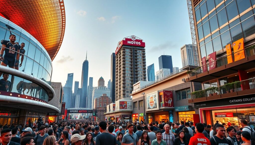 A bustling urban setting with a modern sports arena as the focal point. In the foreground, a crowd of enthusiastic spectators filing into the stadium, their excitement palpable. The middle ground features a bustling street lined with hotels, restaurants, and souvenir shops, all catering to the influx of sports tourists. In the background, a skyline of towering skyscrapers and landmarks, reflecting the broader economic impact of the event. Warm, golden-hour lighting casts a celebratory glow over the scene, while a wide-angle lens captures the scale and energy of the sports tourism experience.