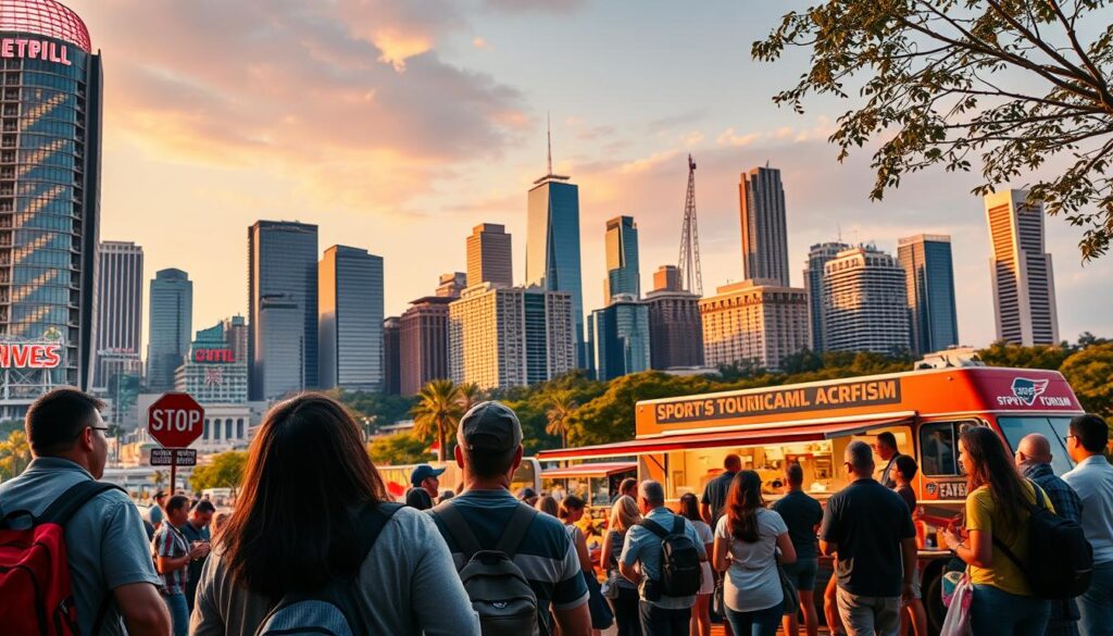 A bustling urban skyline sets the stage, as a group of sports enthusiasts explore the city's vibrant sports tourism landscape. In the foreground, a family gazes up at a towering stadium, its modern architecture and bright lights reflecting the thrill of the upcoming game. In the middle ground, a diverse crowd gathers around a food truck, sampling local delicacies and exchanging stories of their sports-centric travels. Beyond, the city's iconic landmarks and lush green spaces create a dynamic backdrop, hinting at the wealth of experiences awaiting sports tourists. Warm, golden lighting casts a sense of energy and excitement, capturing the zeitgeist of this rapidly evolving industry. A wideangle lens captures the scene, showcasing the interconnected nature of sports, tourism, and the urban environment.
