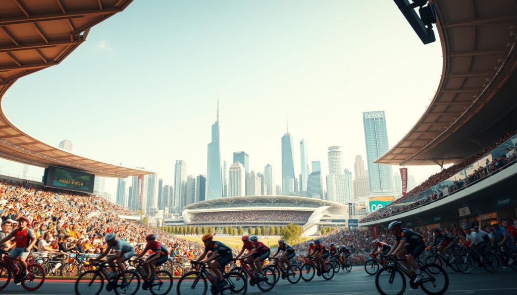 A bustling urban sports arena, filled with cheering crowds and athletes in motion. In the foreground, a group of cyclists race around a track, their lean bodies and sleek bicycles blurred in a dynamic display of speed and skill. The middle ground features a towering stadium, its modern architecture and grand scale conveying a sense of athletic grandeur. In the background, the skyline of a vibrant city rises, its skyscrapers and infrastructure a testament to the transformative power of major sporting events. Crisp, warm lighting illuminates the scene, casting dramatic shadows and highlighting the energy and excitement of the urban sports event. A bustling urban sports arena, filled with cheering crowds and athletes in motion. In the foreground, a group of cyclists race around a track, their lean bodies and sleek bicycles blurred in a dynamic display of speed and skill. The middle ground features a towering stadium, its modern architecture and grand scale conveying a sense of athletic grandeur. In the background, the skyline of a vibrant city rises, its skyscrapers and infrastructure a testament to the transformative power of major sporting events. Crisp, warm lighting illuminates the scene, casting dramatic shadows and highlighting the energy and excitement of the urban sports event.