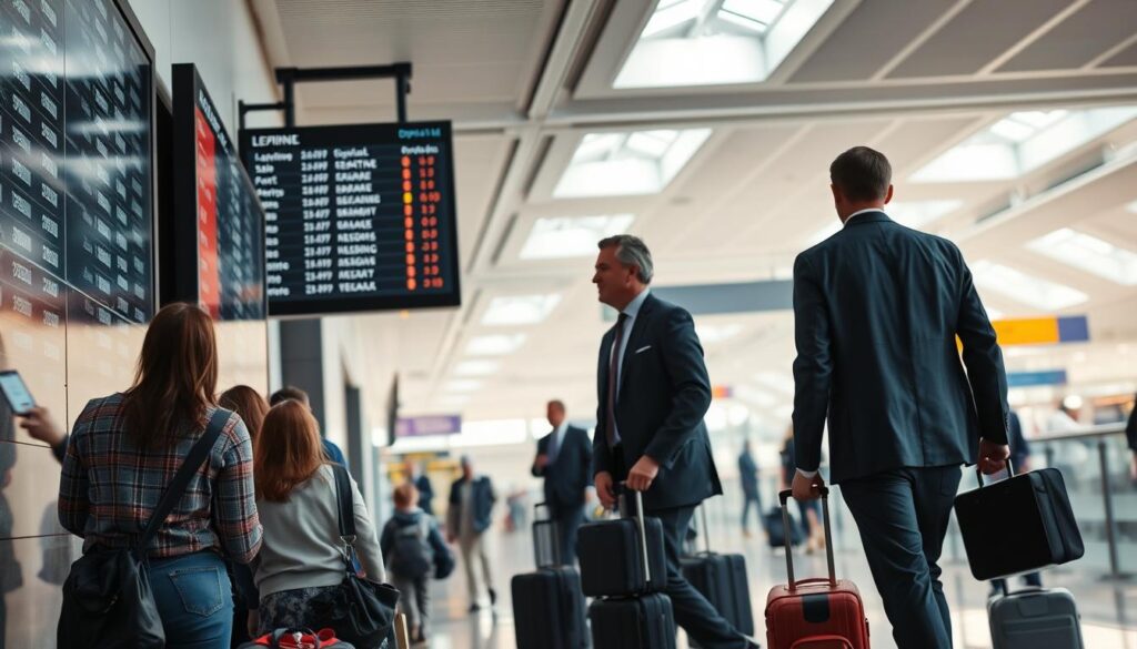A busy airport terminal with travelers checking boarding passes, carrying luggage, and rushing to their gates. In the foreground, a family gathers around a large wall-mounted departure board, their faces lit by the digital display. In the middle ground, business travelers stride purposefully through the concourse, briefcases in hand. The background is a hazy, softly-lit scene of the terminal's architecture, with skylights casting warm natural light. The overall mood is one of anticipation and efficiency, capturing the essence of sports travel planning and preparation.