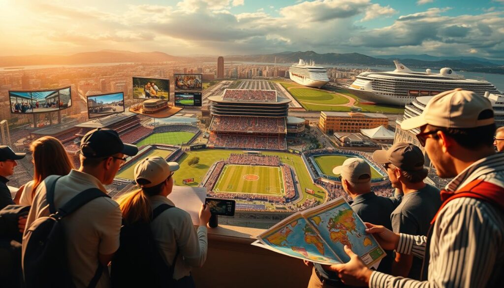 A cinematic, wide-angle view of the evolution of sports tourism trends. In the foreground, a group of sports enthusiasts eagerly plan their next adventure, poring over travel brochures and schedules. In the middle ground, a vibrant collage of different sports venues and events - from bustling stadiums to serene golf courses, all bustling with activity. In the background, a timeline of iconic sports travel moments unfolds, from early train tours to modern luxury sports cruises. The scene is bathed in warm, golden lighting, conveying a sense of nostalgia and progress. The overall atmosphere is one of excitement, innovation, and the thrill of the sports travel experience.