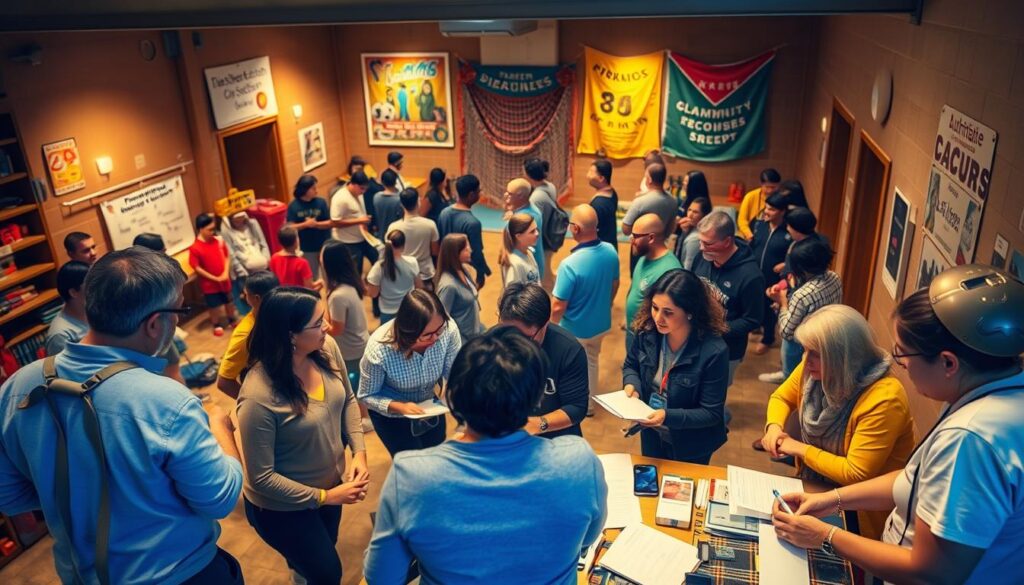 A community sports event planning session set in a cozy, well-lit community center. In the foreground, a diverse group of organizers gathered around a table, earnestly discussing logistics and schedules. Mid-ground, parents and volunteers mingle, exchanging ideas and making notes. In the background, colorful sports equipment and banners hint at the vibrant atmosphere to come. The lighting is warm and inviting, creating a sense of collaborative energy. The camera angle is slightly elevated, giving a bird's-eye view of the productive planning process. An atmosphere of community pride and excitement permeates the scene. A community sports event planning session set in a cozy, well-lit community center. In the foreground, a diverse group of organizers gathered around a table, earnestly discussing logistics and schedules. Mid-ground, parents and volunteers mingle, exchanging ideas and making notes. In the background, colorful sports equipment and banners hint at the vibrant atmosphere to come. The lighting is warm and inviting, creating a sense of collaborative energy. The camera angle is slightly elevated, giving a bird's-eye view of the productive planning process. An atmosphere of community pride and excitement permeates the scene.