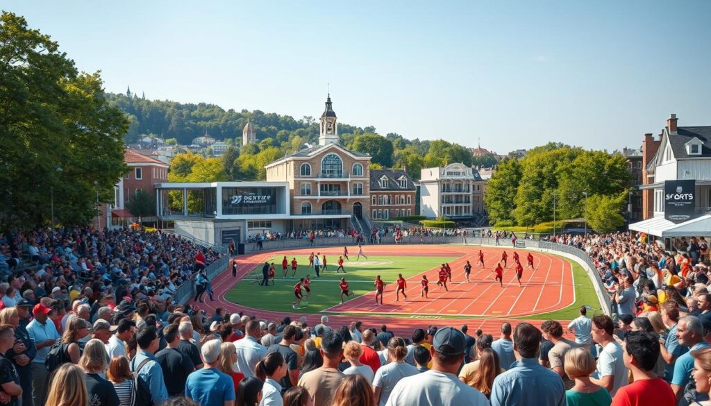 A lively small-town sports event with a vibrant community atmosphere. In the foreground, a crowd of enthusiastic spectators cheer on athletes competing in a local track and field competition. The middle ground features a well-maintained sports facility with modern architecture, surrounded by colorful banners and decorations. In the background, quaint historic buildings and lush greenery create a picturesque small-city setting, bathed in warm afternoon sunlight and a sense of civic pride. The scene conveys a feeling of community engagement, active lifestyles, and grassroots development driven by a shared passion for sports. A lively small-town sports event with a vibrant community atmosphere. In the foreground, a crowd of enthusiastic spectators cheer on athletes competing in a local track and field competition. The middle ground features a well-maintained sports facility with modern architecture, surrounded by colorful banners and decorations. In the background, quaint historic buildings and lush greenery create a picturesque small-city setting, bathed in warm afternoon sunlight and a sense of civic pride. The scene conveys a feeling of community engagement, active lifestyles, and grassroots development driven by a shared passion for sports.