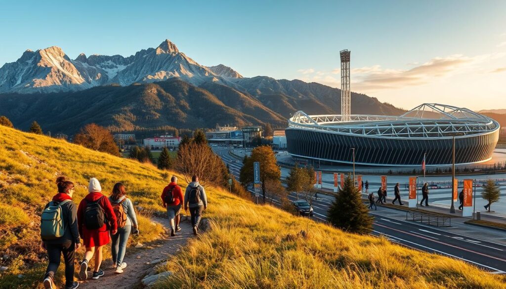 A serene outdoor scene showcasing strategies for sports tourism. In the foreground, a group of enthusiastic travelers explore a scenic hiking trail, gazing in awe at the majestic mountain landscape. In the middle ground, a bustling city street features signage and banners promoting local sporting events and attractions. In the background, a state-of-the-art sports stadium stands tall, its modern architecture and vibrant lighting a testament to the city's commitment to sports infrastructure. The scene is bathed in warm, golden hour lighting, evoking a sense of energy and opportunity. A cinematic, wide-angle lens captures the dynamic interplay of people, environment, and sports-focused development. A serene outdoor scene showcasing strategies for sports tourism. In the foreground, a group of enthusiastic travelers explore a scenic hiking trail, gazing in awe at the majestic mountain landscape. In the middle ground, a bustling city street features signage and banners promoting local sporting events and attractions. In the background, a state-of-the-art sports stadium stands tall, its modern architecture and vibrant lighting a testament to the city's commitment to sports infrastructure. The scene is bathed in warm, golden hour lighting, evoking a sense of energy and opportunity. A cinematic, wide-angle lens captures the dynamic interplay of people, environment, and sports-focused development.