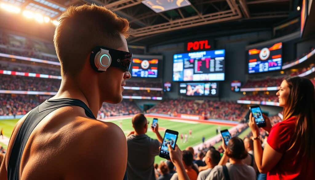 A vibrant scene of sports tourism technology in action. In the foreground, an athlete wearing a sleek, futuristic wearable device tracks their fitness data. In the middle ground, fans use augmented reality apps on their smartphones to overlay digital stats and replays onto the live sporting event. In the background, a large digital scoreboard displays real-time scores and highlights, while intelligent venue systems optimize crowd flow and concession stands. Warm, saturated lighting creates an energetic atmosphere, while the dynamic camera angles capture the excitement and innovation of this sports technology ecosystem.