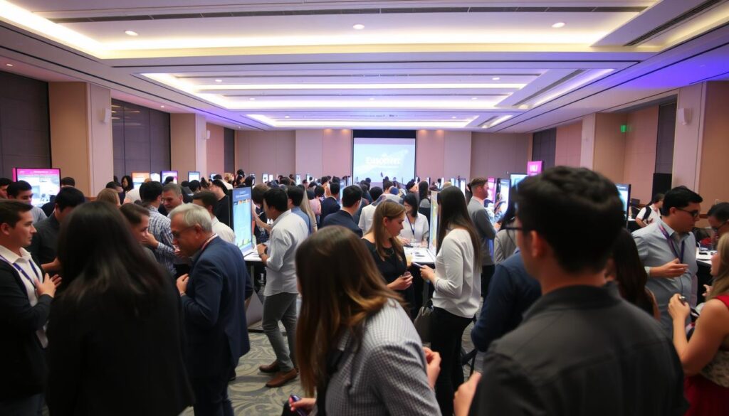 A bustling post-event scene, captured through the lens of a wide-angle camera. In the foreground, attendees mingle and converse, their animated gestures and expressions conveying a sense of energy and engagement. The middle ground showcases an array of interactive stations, where participants actively participate in activities and games, fostering a sense of community. In the background, a sleek and modern event venue, with clean lines and sophisticated lighting, sets the stage for an elevated experience. The overall atmosphere exudes a balance of professionalism and excitement, inviting attendees to continue their connection with the event long after the main festivities have concluded. A bustling post-event scene, captured through the lens of a wide-angle camera. In the foreground, attendees mingle and converse, their animated gestures and expressions conveying a sense of energy and engagement. The middle ground showcases an array of interactive stations, where participants actively participate in activities and games, fostering a sense of community. In the background, a sleek and modern event venue, with clean lines and sophisticated lighting, sets the stage for an elevated experience. The overall atmosphere exudes a balance of professionalism and excitement, inviting attendees to continue their connection with the event long after the main festivities have concluded.