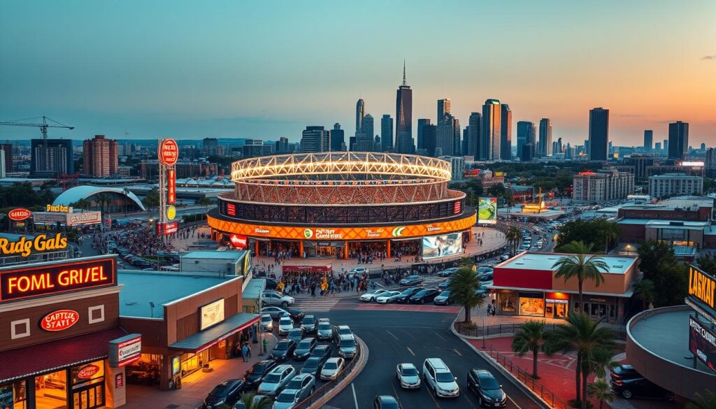 A bustling sports arena, filled with enthusiastic spectators, stands as the centerpiece of a thriving economic landscape. In the foreground, a diverse array of local businesses - restaurants, hotels, and souvenir shops - capitalize on the influx of sports tourism, their neon signs and vibrant storefronts creating a lively atmosphere. In the middle ground, a sea of parked cars and traffic signals the heightened demand for transportation and infrastructure. The background showcases the city skyline, its towering skyscrapers and bustling streets reflecting the broader economic impact of the sporting event, as the event's multiplier effect ripples through the local economy. Warm, golden lighting casts a celebratory glow, capturing the energy and excitement of this sports tourism success story.