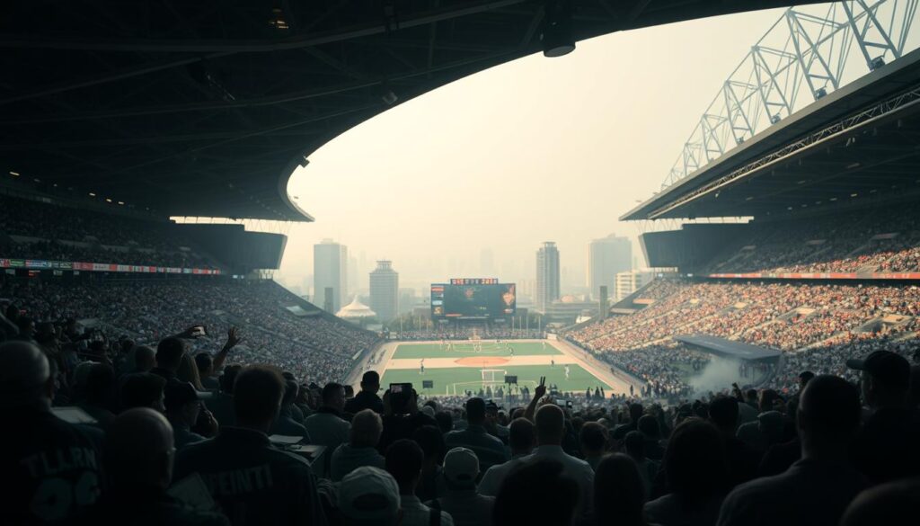 A bustling sports arena, its energy dampened by the subtle leakage of economic benefits. In the foreground, a tangle of financial ledgers and spreadsheets, their numbers bleeding into the shadows. The middle ground depicts an uneven flow of money, some siphoned off, leaving gaps in the expected revenue streams. In the background, a hazy cityscape, its infrastructure struggling to fully capitalize on the event's potential. Soft, muted lighting casts a sense of uncertainty, as if the true economic impact remains elusive. The scene conveys the complexities of maximizing the multiplier effect, a cautionary tale of the unseen pitfalls that can undermine the anticipated boost to local businesses.
