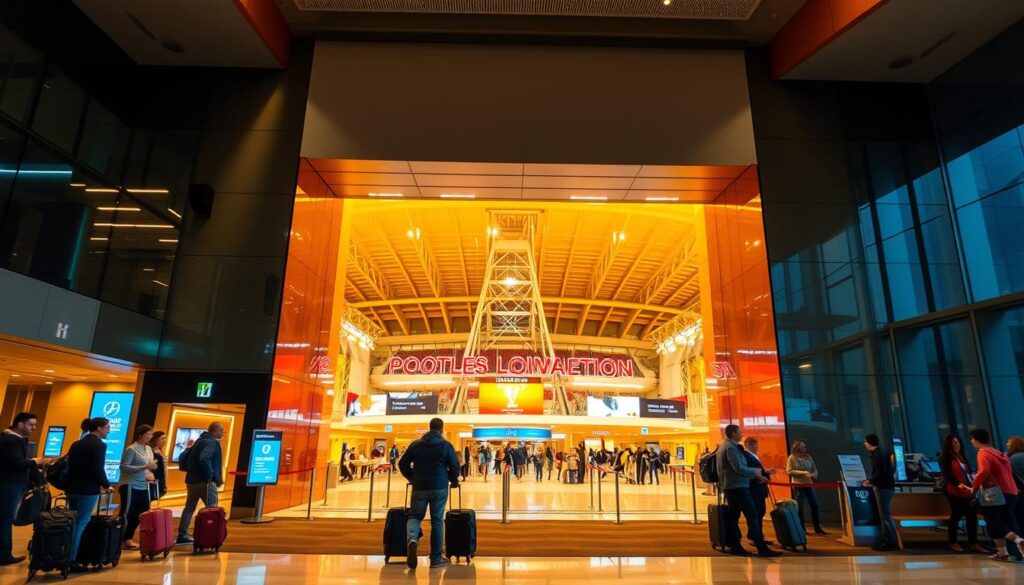 A bustling sports arena, its grand entryway illuminated by warm, golden lighting. In the foreground, a group of travelers check into a sleek, modern hotel lobby, their luggage and excitement palpable. The middle ground showcases a well-organized system of directional signage and crowd control measures, guiding attendees seamlessly to their seats. In the background, the stadium's towering facade rises majestically, reflecting the energy and anticipation of the upcoming event. The scene conveys a sense of efficient, well-planned accommodation strategies that cater to the unique needs of sports enthusiasts, creating a seamless and enjoyable experience.