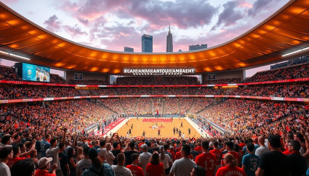A bustling sports arena, its sleek architecture gleaming under warm, golden lighting. In the foreground, enthusiastic fans gather, their jerseys and banners creating a vibrant tapestry of team spirit. The middle ground features a dynamic display of sporting activities, athletes in mid-motion, showcasing the thrill and excitement of the event. In the background, the cityscape rises, its iconic landmarks and modern skyscrapers serving as a backdrop, highlighting the destination's unique identity and infrastructure. The overall scene conveys a sense of energy, community, and the synergy between sports and local tourism, inviting viewers to experience the destination as a premier sports tourism hub. A bustling sports arena, its sleek architecture gleaming under warm, golden lighting. In the foreground, enthusiastic fans gather, their jerseys and banners creating a vibrant tapestry of team spirit. The middle ground features a dynamic display of sporting activities, athletes in mid-motion, showcasing the thrill and excitement of the event. In the background, the cityscape rises, its iconic landmarks and modern skyscrapers serving as a backdrop, highlighting the destination's unique identity and infrastructure. The overall scene conveys a sense of energy, community, and the synergy between sports and local tourism, inviting viewers to experience the destination as a premier sports tourism hub.