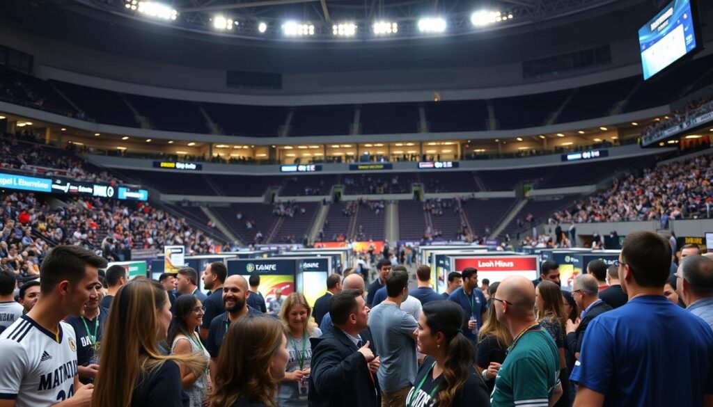 A bustling sports event showcasing local business collaborations. In the foreground, athletes and fans engage in lively interactions, their expressions reflecting the excitement of the occasion. In the middle ground, booths and displays from local enterprises stand out, their branding and products highlighted under the warm glow of stadium lighting. The background reveals the expansive arena, its architecture and grandstand seating creating a sense of scale and energy. The overall scene conveys a vibrant atmosphere of community, partnership, and the shared passion for the sport.