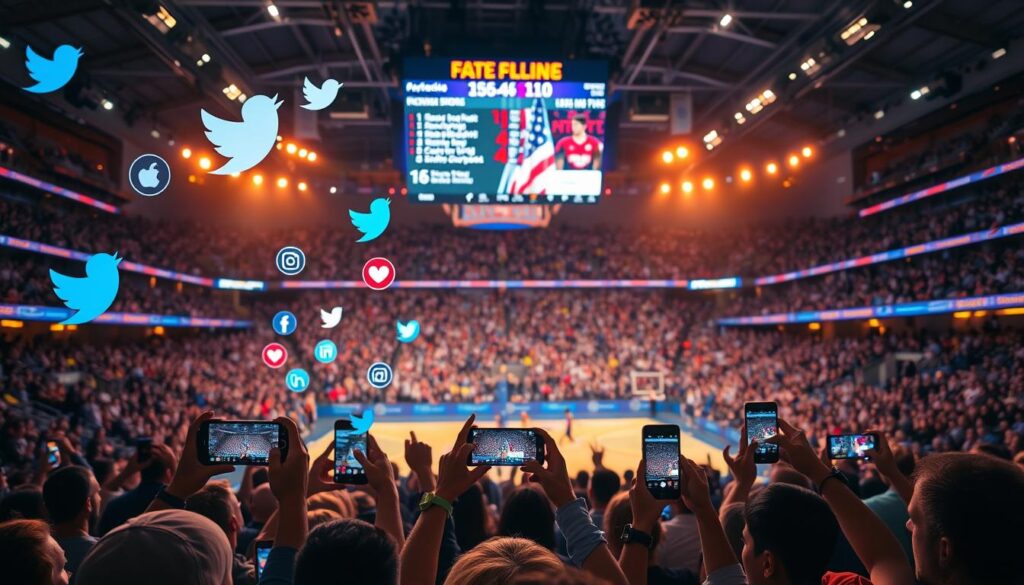 A busy sports arena with a lively crowd, smartphones held high capturing the action. In the foreground, social media icons swirl around, integrating the digital experience with the live event. The middle ground features athletes competing, their movements frozen in time. The background showcases a vibrant, neon-lit scoreboard displaying real-time updates and fan engagement stats. Warm, dramatic lighting casts a energetic glow, creating a sense of excitement and community. Crisp, high-resolution photography with a wide-angle lens captures the full scope of this immersive, tech-savvy sports experience. A busy sports arena with a lively crowd, smartphones held high capturing the action. In the foreground, social media icons swirl around, integrating the digital experience with the live event. The middle ground features athletes competing, their movements frozen in time. The background showcases a vibrant, neon-lit scoreboard displaying real-time updates and fan engagement stats. Warm, dramatic lighting casts a energetic glow, creating a sense of excitement and community. Crisp, high-resolution photography with a wide-angle lens captures the full scope of this immersive, tech-savvy sports experience.