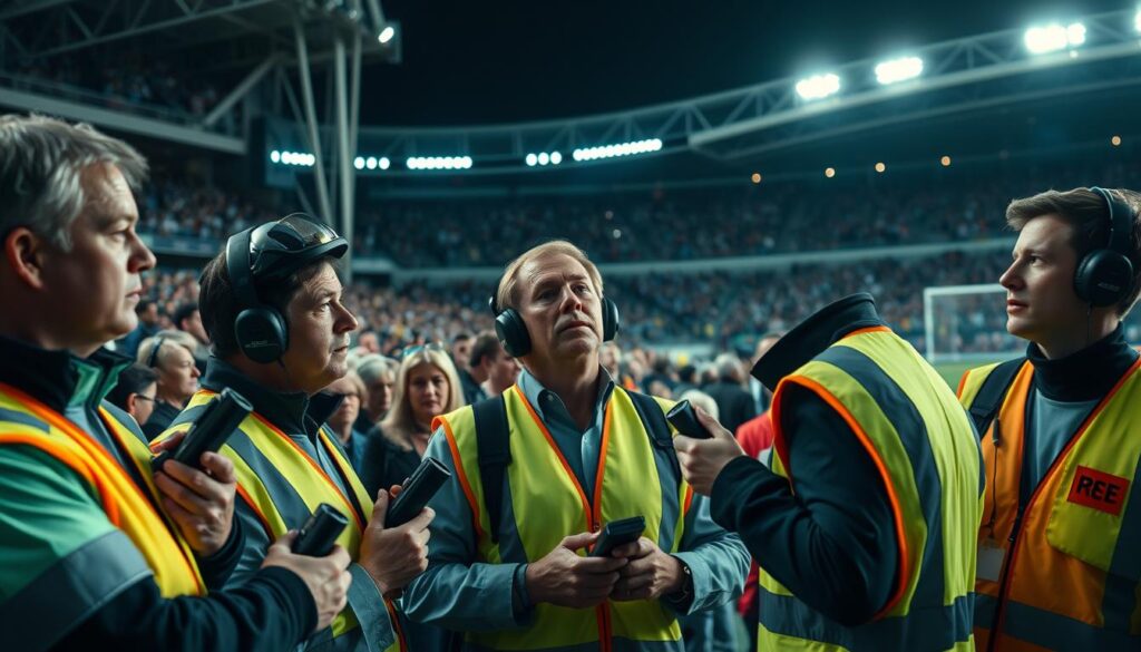 A crisis management team in action at a bustling sports event. In the foreground, officials in high-visibility vests coordinate emergency procedures, radios in hand, faces etched with focused determination. In the middle ground, a crowd of spectators observes with a mix of concern and curiosity, their expressions captured in a tightly-framed, cinéma vérité-style shot. The background reveals the grand scale of the event - towering stadium structures, floodlights casting a dramatic, cinematic glow, and the faint silhouettes of athletes in the distance. Tension and anticipation permeate the scene, underscoring the importance of robust crisis planning for any major sporting occasion. A crisis management team in action at a bustling sports event. In the foreground, officials in high-visibility vests coordinate emergency procedures, radios in hand, faces etched with focused determination. In the middle ground, a crowd of spectators observes with a mix of concern and curiosity, their expressions captured in a tightly-framed, cinéma vérité-style shot. The background reveals the grand scale of the event - towering stadium structures, floodlights casting a dramatic, cinematic glow, and the faint silhouettes of athletes in the distance. Tension and anticipation permeate the scene, underscoring the importance of robust crisis planning for any major sporting occasion.