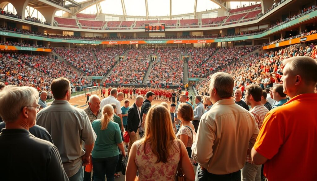 A lively sports arena, bustling with energy and enthusiasm. In the foreground, a group of local business owners engage in animated discussions, showcasing their products and services to attendees. The middle ground features athletes and fans interacting, creating a sense of community and shared excitement. Warm, natural lighting bathes the scene, accentuating the vibrant colors of team jerseys and promotional banners. The background depicts the stadium's iconic architecture, framing the collaborative atmosphere. An overarching feeling of partnership and synergy permeates the image, reflecting the local businesses' active involvement in amplifying the sports event's success. A lively sports arena, bustling with energy and enthusiasm. In the foreground, a group of local business owners engage in animated discussions, showcasing their products and services to attendees. The middle ground features athletes and fans interacting, creating a sense of community and shared excitement. Warm, natural lighting bathes the scene, accentuating the vibrant colors of team jerseys and promotional banners. The background depicts the stadium's iconic architecture, framing the collaborative atmosphere. An overarching feeling of partnership and synergy permeates the image, reflecting the local businesses' active involvement in amplifying the sports event's success.
