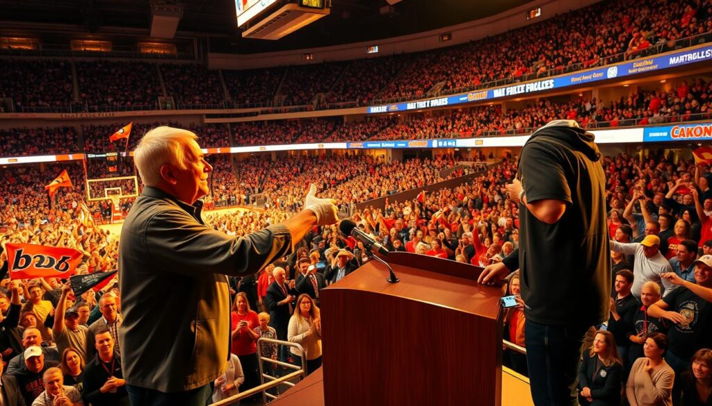 A lively sports arena filled with energy, where a local business owner stands on a podium, shaking hands with a famous athlete. The scene is bathed in warm, golden lighting, creating a sense of celebration and community. In the background, fans cheer and wave team flags, their faces filled with excitement. The camera captures the event from a high angle, conveying the scale and importance of the collaboration between the sports team and the local business. The overall atmosphere is one of excitement, pride, and a shared passion for the local community. A lively sports arena filled with energy, where a local business owner stands on a podium, shaking hands with a famous athlete. The scene is bathed in warm, golden lighting, creating a sense of celebration and community. In the background, fans cheer and wave team flags, their faces filled with excitement. The camera captures the event from a high angle, conveying the scale and importance of the collaboration between the sports team and the local business. The overall atmosphere is one of excitement, pride, and a shared passion for the local community.