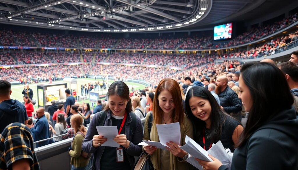 A lively sports arena, filled with enthusiastic fans engaged in a vibrant atmosphere. In the foreground, a group of visitors examining their receipts and discussing their spending habits, their expressions reflecting a mix of satisfaction and analysis. The middle ground showcases kiosks and vendors, bustling with activity as spectators indulge in concessions and souvenirs. The background is a panoramic view of the stadium, its sleek modern architecture and bright lighting creating a sense of energy and anticipation. The overall scene conveys the commercial impact of the sports event, with visitors actively participating in the local economy through their diverse spending patterns. A lively sports arena, filled with enthusiastic fans engaged in a vibrant atmosphere. In the foreground, a group of visitors examining their receipts and discussing their spending habits, their expressions reflecting a mix of satisfaction and analysis. The middle ground showcases kiosks and vendors, bustling with activity as spectators indulge in concessions and souvenirs. The background is a panoramic view of the stadium, its sleek modern architecture and bright lighting creating a sense of energy and anticipation. The overall scene conveys the commercial impact of the sports event, with visitors actively participating in the local economy through their diverse spending patterns.