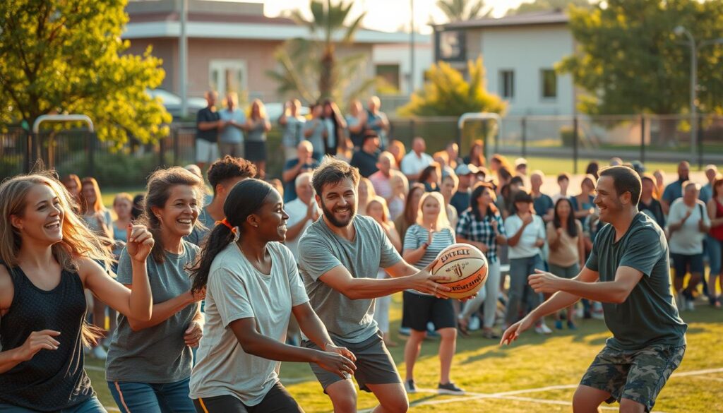 A lively sports event set against a backdrop of a vibrant community. In the foreground, a group of diverse stakeholders engage in friendly competition, their faces alight with camaraderie and enthusiasm. In the middle ground, local residents cheer them on, their energy and excitement palpable. The scene is bathed in warm, golden light, conveying a sense of community, collaboration, and shared purpose. The setting evokes a well-maintained public park or recreation center, with lush greenery and modern, well-equipped facilities. The overall mood is one of inclusivity, teamwork, and a shared commitment to the betterment of the local area.