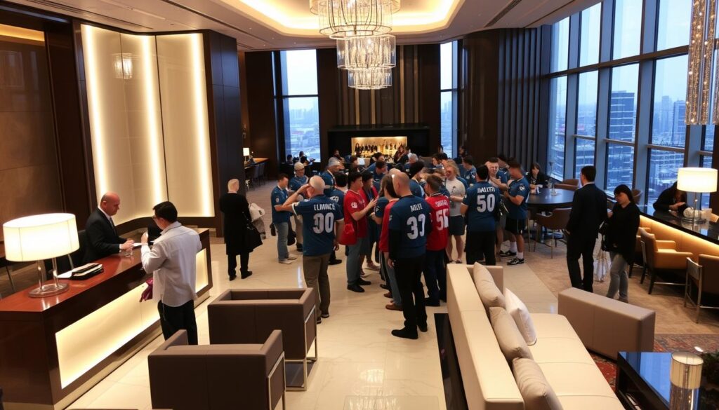 A luxurious hotel lobby bustles with activity during a big sports event. In the foreground, guests check in at a dedicated concierge desk, surrounded by sleek modern furnishings and elegant lighting. In the middle ground, a group of fans in team jerseys gather excitedly, sipping beverages from a stylish bar. The background showcases floor-to-ceiling windows offering sweeping views of the city skyline, hinting at the exclusive partnership between the hotel and the sports league. The overall atmosphere conveys a sense of VIP experience, high-end hospitality, and excitement for the upcoming game.