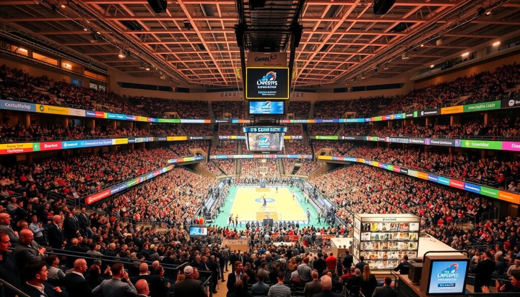 A vibrant sports arena filled with energetic spectators, the stands adorned with colorful banners and signage highlighting various sponsorship opportunities. In the center, a dynamic sports event showcasing athletes in action, surrounded by a diverse array of merchandising and interactive booths, each presenting unique marketing ideas to potential sponsors. Warm, directional lighting casts a professional, yet inviting atmosphere, capturing the excitement and potential for effective sponsorship partnerships. The scene conveys the fusion of competitive sports and strategic brand integration, inspiring creative ways to elevate the event experience.
