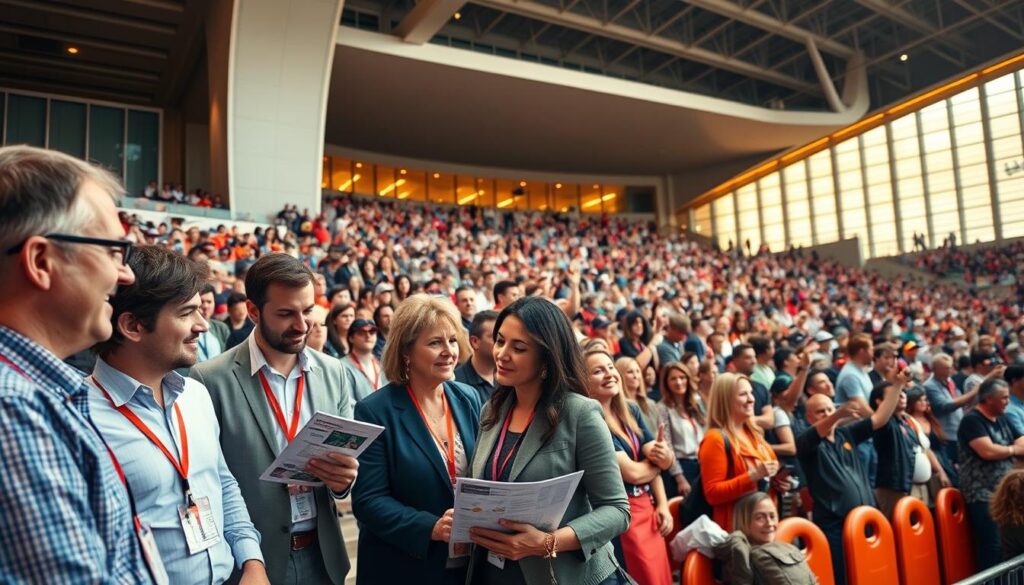 A vibrant sports event venue, filled with enthusiastic fans cheering on their favorite teams. In the foreground, a group of local business representatives are engaged in a collaborative discussion, examining promotional materials and exchanging ideas. The middle ground showcases an array of spectators, their faces alight with excitement, creating a lively and energetic atmosphere. In the background, the stadium's architecture stands tall, its sleek, modern design casting a warm, golden glow under the soft, diffused lighting. The scene conveys a sense of synergy and partnership, where the local community and businesses come together to support and celebrate the sporting event. A vibrant sports event venue, filled with enthusiastic fans cheering on their favorite teams. In the foreground, a group of local business representatives are engaged in a collaborative discussion, examining promotional materials and exchanging ideas. The middle ground showcases an array of spectators, their faces alight with excitement, creating a lively and energetic atmosphere. In the background, the stadium's architecture stands tall, its sleek, modern design casting a warm, golden glow under the soft, diffused lighting. The scene conveys a sense of synergy and partnership, where the local community and businesses come together to support and celebrate the sporting event.