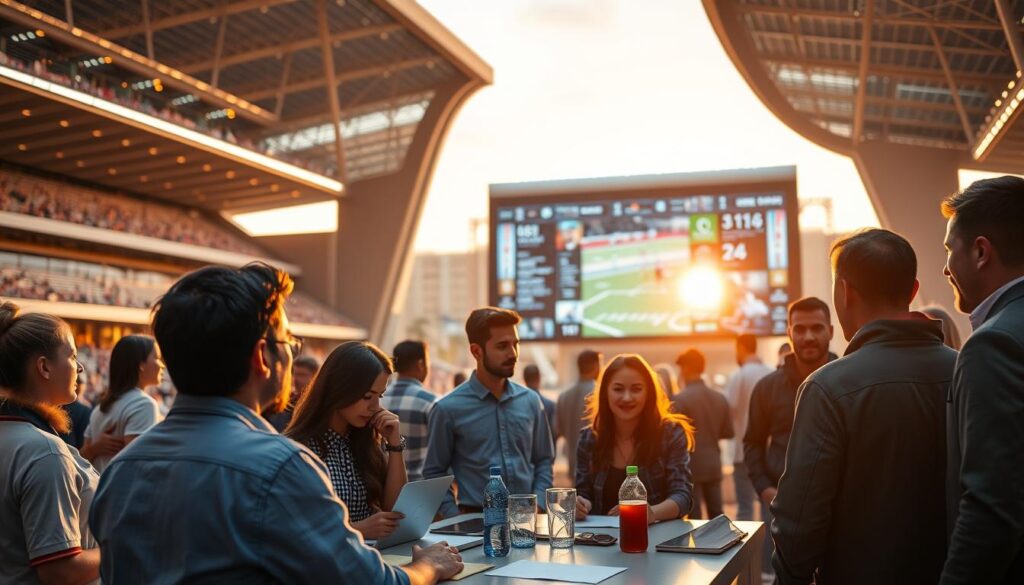 A vibrant sports marketing strategy scene in the golden hour. In the foreground, a diverse group of sports enthusiasts engage in lively discussions, sharing ideas and collaborating on creative campaigns. The middle ground features a large display screen showcasing dynamic sports imagery and statistics, capturing the attention of potential sponsors and partners. In the background, a sleek, modern sports arena stands tall, hinting at the grand scale of the event being promoted. Warm lighting casts a rich, inviting glow, and the overall atmosphere conveys a sense of energy, innovation, and boundless potential for connecting sports with effective marketing initiatives.