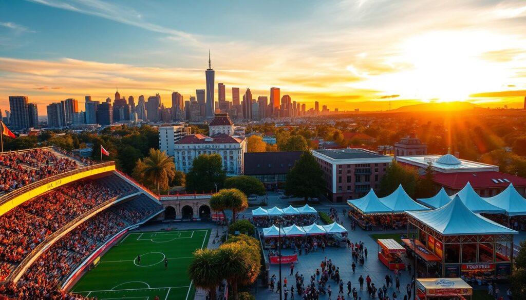 A bustling city skyline in the background, with iconic landmarks and skyscrapers silhouetted against a vibrant sunset. In the foreground, a lively sports arena hosts a local championship event, with fans cheering and waving flags from the stands. The middle ground features a scenic outdoor plaza, where a festive tourism fair is in full swing, with food vendors, artisanal stalls, and street performers entertaining the crowds. The lighting is warm and inviting, casting a golden glow over the entire scene, capturing the energy and excitement of this thriving local community.