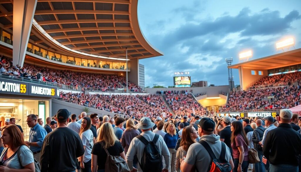 A bustling outdoor sports arena, the center stage for a vibrant economic partnership. In the foreground, local business owners enthusiastically engage with spectators, showcasing their products and services. The middle ground features a lively crowd of spectators, their excitement palpable as they immerse themselves in the event. The background depicts the stadium's modern architecture, illuminated by warm, natural lighting that casts a celebratory glow over the scene. The overall atmosphere conveys a sense of community, collaboration, and the mutually beneficial impact of this sports event on the local economy. A bustling outdoor sports arena, the center stage for a vibrant economic partnership. In the foreground, local business owners enthusiastically engage with spectators, showcasing their products and services. The middle ground features a lively crowd of spectators, their excitement palpable as they immerse themselves in the event. The background depicts the stadium's modern architecture, illuminated by warm, natural lighting that casts a celebratory glow over the scene. The overall atmosphere conveys a sense of community, collaboration, and the mutually beneficial impact of this sports event on the local economy.