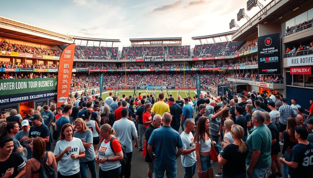 A bustling outdoor sports arena, with fans and athletes mingling amidst vibrant promotional banners and signage. In the foreground, local business owners enthusiastically engage with attendees, offering exclusive discounts and joint-branded merchandise. The middle ground captures athletes demonstrating their skills, as spectators eagerly watch. In the background, the stadium's architecture frames the scene, bathed in warm, golden-hour lighting that creates a celebratory atmosphere. The overall composition conveys the synergy between local businesses, sporting events, and the community, showcasing the potential for impactful joint promotions. A bustling outdoor sports arena, with fans and athletes mingling amidst vibrant promotional banners and signage. In the foreground, local business owners enthusiastically engage with attendees, offering exclusive discounts and joint-branded merchandise. The middle ground captures athletes demonstrating their skills, as spectators eagerly watch. In the background, the stadium's architecture frames the scene, bathed in warm, golden-hour lighting that creates a celebratory atmosphere. The overall composition conveys the synergy between local businesses, sporting events, and the community, showcasing the potential for impactful joint promotions.
