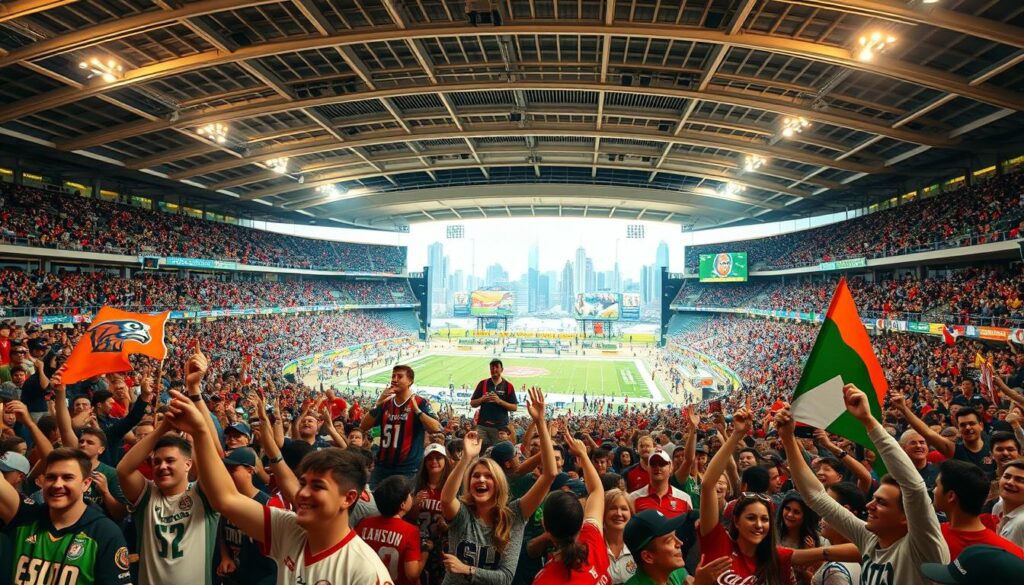 A bustling sports arena with a diverse crowd cheering enthusiastically, capturing the energy and economic impact of a community event. In the foreground, fans in team jerseys and colors wave banners and flags, their faces animated with excitement. The middle ground showcases the grand architecture of the stadium, its sleek lines and bright lighting creating an impressive backdrop. In the distance, the city skyline is visible, hinting at the broader economic reach of the event. The lighting is warm and vibrant, evoking a sense of celebration and community pride. The camera angle is slightly elevated, providing a panoramic view that emphasizes the scale and significance of the gathering.