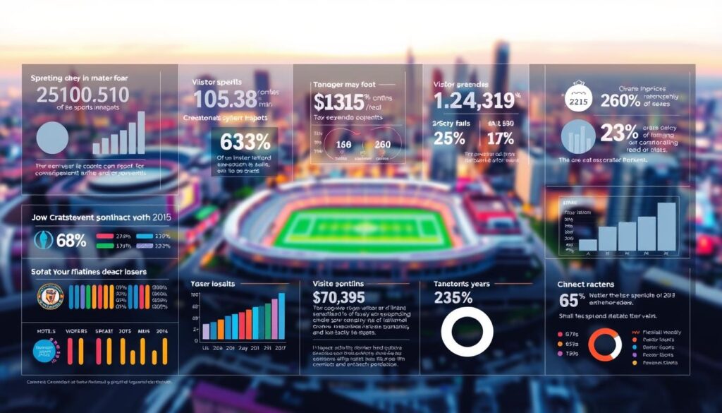 A detailed, multi-layered data visualization showcasing the economic impact of sporting events on local communities. In the foreground, a series of interactive infographics and charts present key metrics such as visitor spending, job creation, and tax revenue generation. The middle ground features a cityscape backdrop, with stadiums, hotels, and other relevant landmarks. The background subtly blends vibrant colors and dynamic shapes, creating a sense of movement and energy. Lighting is soft and diffused, evoking a professional, authoritative tone. The overall composition is balanced, with a clean and minimalist aesthetic to emphasize the data-driven insights.