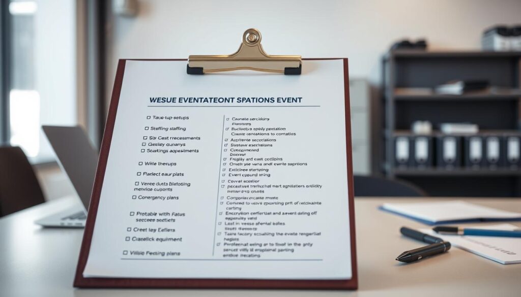 A meticulously organized event operations checklist, presented against a softly lit backdrop of a modern office setting. The foreground showcases a sleek, minimalist clipboard with crisp, legible text outlining key logistical details - venue setup, staffing, equipment, and contingency plans. The middle ground features a desktop surface with a laptop, pen, and other task-oriented accessories, conveying a sense of efficiency and professionalism. In the background, subtle shelving and filing cabinets suggest a well-structured, organized workspace dedicated to the seamless execution of a major sporting event. A meticulously organized event operations checklist, presented against a softly lit backdrop of a modern office setting. The foreground showcases a sleek, minimalist clipboard with crisp, legible text outlining key logistical details - venue setup, staffing, equipment, and contingency plans. The middle ground features a desktop surface with a laptop, pen, and other task-oriented accessories, conveying a sense of efficiency and professionalism. In the background, subtle shelving and filing cabinets suggest a well-structured, organized workspace dedicated to the seamless execution of a major sporting event.
