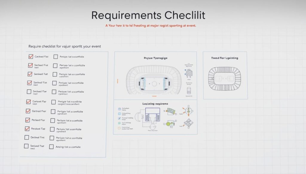 A neatly organized venue logistics checklist diagram, showcasing a clean and minimalist layout. The foreground features a grid-like structure with various checkboxes and concise labels, guiding the viewer through essential event planning tasks. The middle ground displays detailed floor plans and schematic layouts, providing a comprehensive overview of the venue's logistical requirements. In the background, a subtle grid pattern creates a sense of order and structure, complementing the overall design. The lighting is soft and even, highlighting the clarity and functionality of the diagram. The entire composition conveys a professional, well-structured, and visually appealing representation of the "Requirements Checklist" for hosting a major sporting event. A neatly organized venue logistics checklist diagram, showcasing a clean and minimalist layout. The foreground features a grid-like structure with various checkboxes and concise labels, guiding the viewer through essential event planning tasks. The middle ground displays detailed floor plans and schematic layouts, providing a comprehensive overview of the venue's logistical requirements. In the background, a subtle grid pattern creates a sense of order and structure, complementing the overall design. The lighting is soft and even, highlighting the clarity and functionality of the diagram. The entire composition conveys a professional, well-structured, and visually appealing representation of the "Requirements Checklist" for hosting a major sporting event.