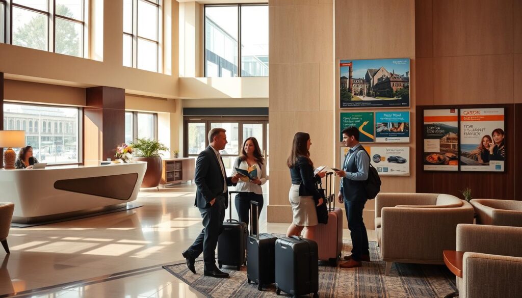 A serene hotel lobby with a stylish reception desk and plush seating areas. The space is flooded with warm, natural lighting from large windows, creating a welcoming atmosphere. In the foreground, two business travelers are engaged in a friendly discussion, their luggage nearby. In the middle ground, a concierge is assisting a group of tourists with travel plans, showcasing brochures and maps. The background features a prominent display of local attraction posters and signage for nearby restaurants and transportation options, hinting at strategic partnerships to facilitate a seamless travel experience.