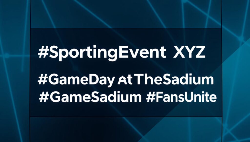 A sleek, minimalist digital display showcasing various event-specific hashtags, arranged in a visually striking layout. The foreground features a clean, modern typographic treatment of hashtags like #SportingEventXYZ, #GameDayAtTheStadium, and #FansUnite, rendered in a bold, legible font. The middle ground depicts a subtle background of intersecting geometric shapes and lines, creating a sense of structure and interconnectedness. The overall mood is one of technological sophistication, promoting the strategic use of event-specific hashtags to enhance audience engagement and social media presence. Lighting is soft and diffused, with a cool, professional color palette, conveying a sense of precision and digital elegance. A sleek, minimalist digital display showcasing various event-specific hashtags, arranged in a visually striking layout. The foreground features a clean, modern typographic treatment of hashtags like #SportingEventXYZ, #GameDayAtTheStadium, and #FansUnite, rendered in a bold, legible font. The middle ground depicts a subtle background of intersecting geometric shapes and lines, creating a sense of structure and interconnectedness. The overall mood is one of technological sophistication, promoting the strategic use of event-specific hashtags to enhance audience engagement and social media presence. Lighting is soft and diffused, with a cool, professional color palette, conveying a sense of precision and digital elegance.