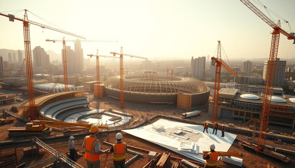 A state-of-the-art sports complex under construction, with cranes and heavy machinery dotting the scene. In the foreground, workers in hard hats and reflective vests toil, laying the foundation for new stadiums and arenas. In the middle ground, architectural renderings and blueprints are spread out, as engineers and planners collaborate on the ambitious project. The background is filled with the bustling activity of the city, skyscrapers and infrastructure investments signifying the long-term commitment to this sporting event. Warm sunlight bathes the scene, conveying a sense of progress and optimism for the future of this collaborative endeavor.