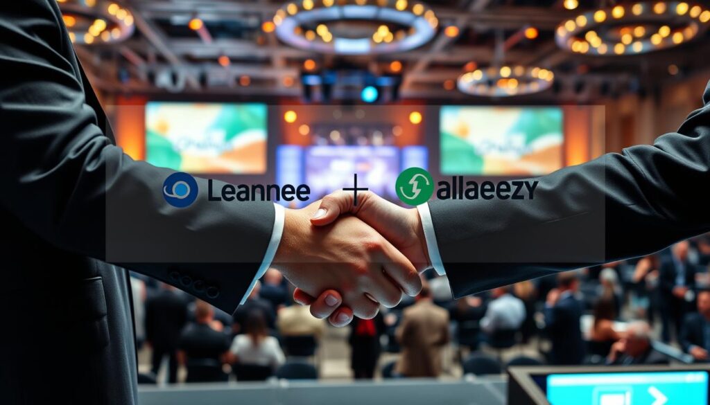 A strategic alliance between two major event organizations, captured in a dynamic composition. In the foreground, two business leaders shake hands, a symbol of their partnership. The middle ground showcases their respective event logos and branding, seamlessly integrated. In the background, a bustling event venue with attendees, stages, and state-of-the-art audiovisual equipment, all bathed in warm, inviting lighting. The scene conveys a sense of collaboration, growth, and mutual benefit, reflecting the synergies of this strategic event alliance.