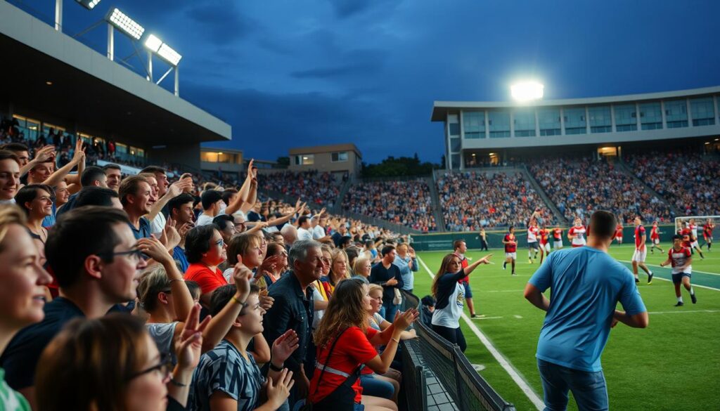A vibrant community sports event, with a lively crowd cheering on local teams in a well-lit outdoor stadium. In the foreground, a diverse group of spectators enthusiastically engage, their faces filled with excitement. The middle ground showcases the athletes competing with a sense of camaraderie, their movements captured in a dynamic, high-resolution shot. The background features the stadium's modern architecture, conveying a sense of civic pride and investment in the community's shared recreational activities. The overall scene exudes a spirit of unity, collaboration, and a shared passion for the local sporting tradition.